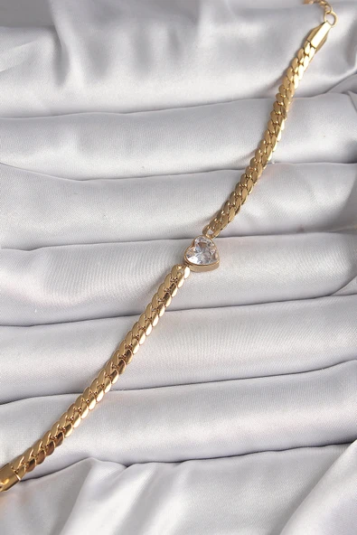 316L Çelik Gold Renk Yassı Zincir Model Zirkon Taşlı Kalp Figür Kadın Bileklik - TJ-BB6728 ürün görseli 1