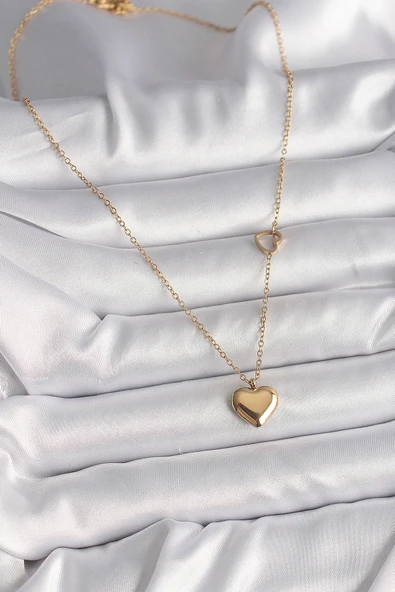 316L Çelik Gold Renk Zincir Kalp Detay Kalp Figür Kadın Kolye - TJ-BKO9774 - Resim 2