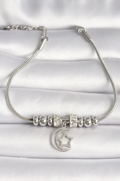 316L Çelik Gümüş Renk Tüp Zincir Zirkon Taş Detaylı Sallantı Ay Yıldız Figür Kadın Bileklik - TJ-BB6754 ürün görseli 1