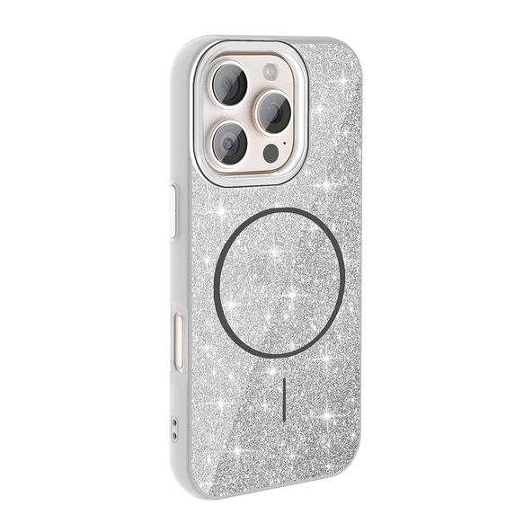 iPhone 16 Pro Max Kılıf Magsafe Şarj Özellikli Parlayan Simli Okso Kapak - Resim 6