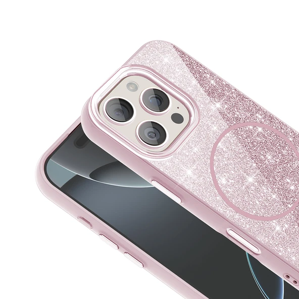 iPhone 16 Pro Max Kılıf Magsafe Şarj Özellikli Parlayan Simli Okso Kapak - Resim 9