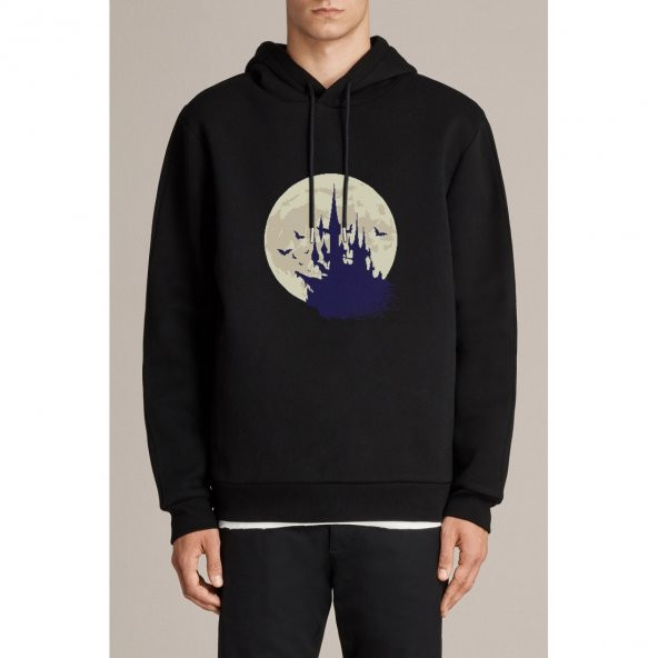 Castlevania Pixel Castle Baskılı Siyah Erkek Örme Kapşonlu Sweatshirt Uzun kol - 1