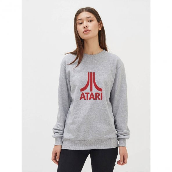 Atari Logo Baskılı Gri Kadın Örme Sweatshirt Uzun kol