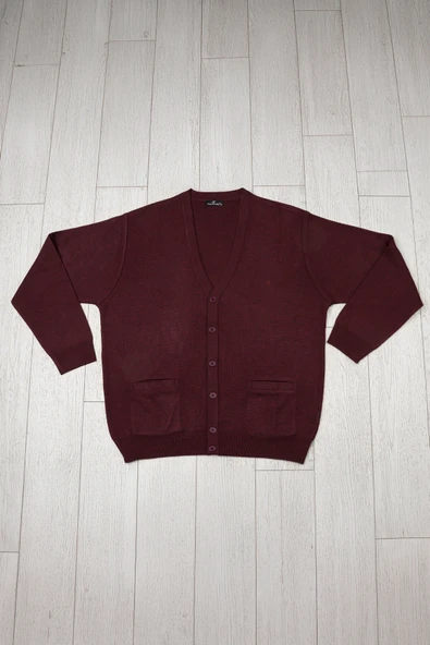 Ön Cepli V Yaka Battal (Büyük Boy) Düğmeli Yünlü Triko Hırka