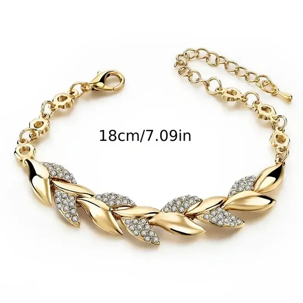 Gold Renk Yaprak Desenli Çelik Bileklik - Zirkon Taşlı, Ayarlanabilir Zincir, Şık ve Zarif Tasarım - Resim 4