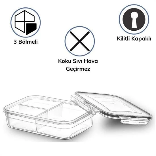 3 Bölmeli Kilitli Kapaklı 1 Litre Erzak Saklama Kabı LC-510 - Resim 2