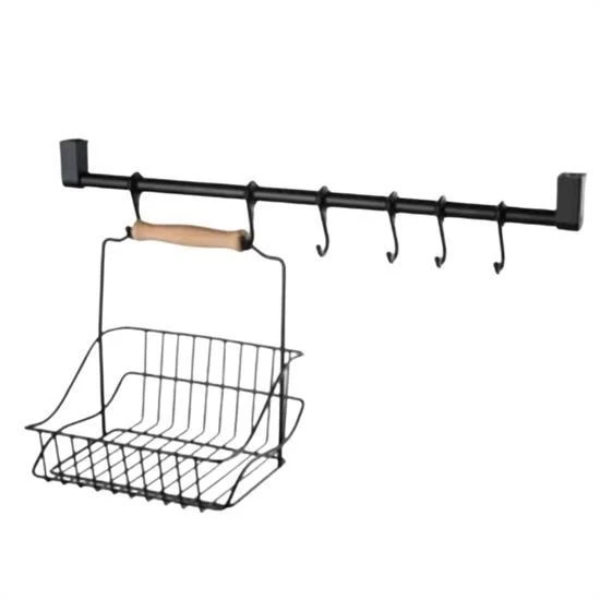 Retro Ferforje Askılı Siyah  Ahşap Kulplu Düzenleyici Mutfak Sepeti ürün görseli