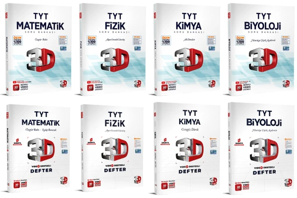 3D Yayınları 2024 Tyt Matematik + Fizik + Kimya + Biyoloji Video Destekli Defter + Soru Seti 8 Kitap