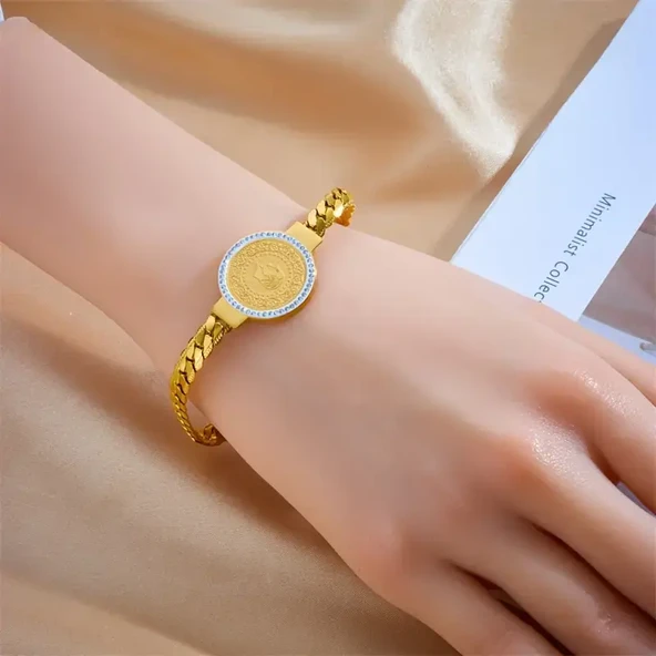 Gold Renk Çeyreklik Çelik Bileklik Zirkon Taşlı Ayarlanabilir Antialerjik Şık ve Zarif Tasarım - Resim 2