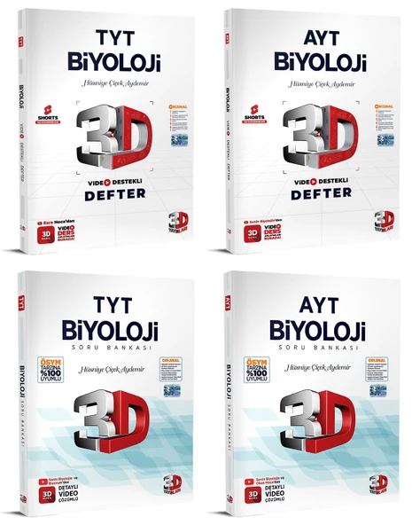 3D Yayınları 2024 Tyt Ayt Biyoloji Destekli Defter + Soru Seti 4 Kitap