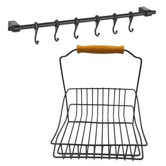 Retro Ferforje Askılı Siyah  Ahşap Kulplu Düzenleyici Mutfak Sepeti - Resim 5