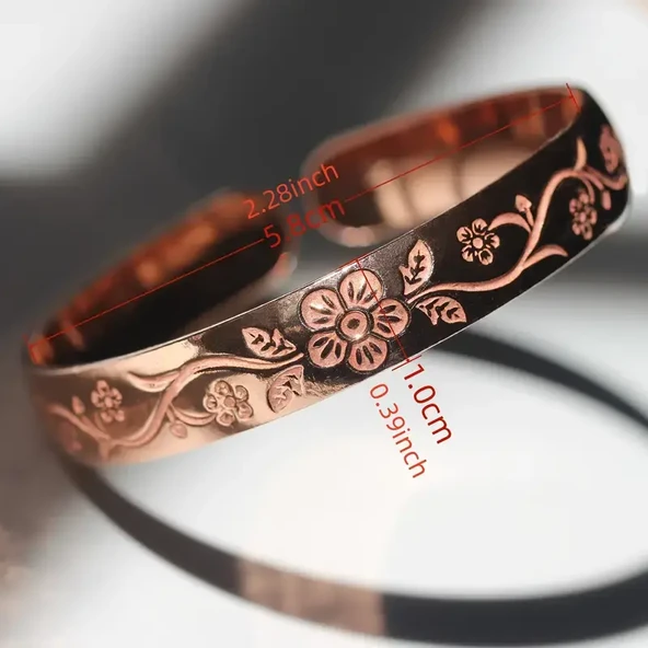 Vintage Bakır Bileklik El İşlemeli Erik Çiçeği Desenli, Açık Kelepçe Tasarım, Antialerjik - Resim 3