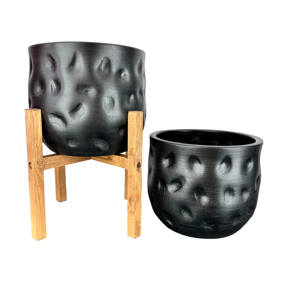 Bitki Tasarımı Ev Dekorasyon Aksesuar Siyah Desenli Toprak Saksı Saksılık Salon Çiçeklik İkili Set 4 Ayaklı - Ayaksız 19 CM - Resim 3