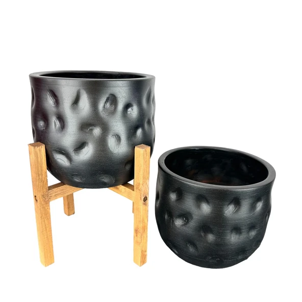 Bitki Tasarımı Ev Dekorasyon Aksesuar Siyah Desenli Toprak Saksı Saksılık Salon Çiçeklik İkili Set 4 Ayaklı - Ayaksız 19 CM - Resim 4