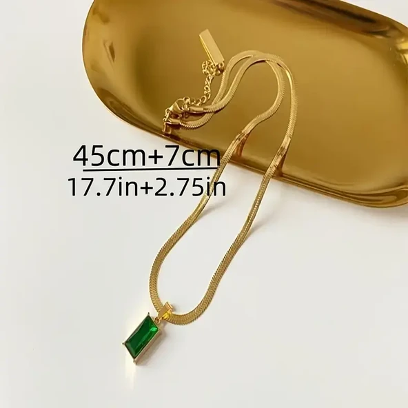 Gold Renk Antialerjik 316L Çelik Yeşil Taşlı Kolye ve Küpe Seti, Şık ve Zarif Tasarım - Resim 4