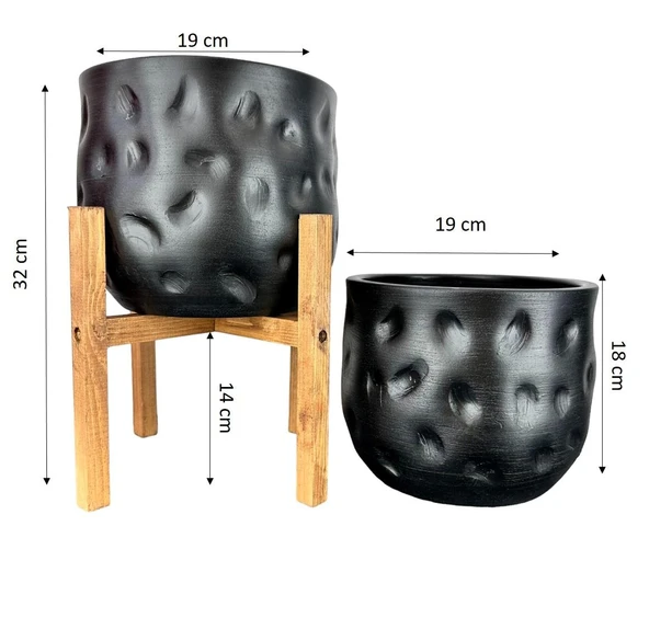 Bitki Tasarımı Ev Dekorasyon Aksesuar Siyah Desenli Toprak Saksı Saksılık Salon Çiçeklik İkili Set 4 Ayaklı - Ayaksız 19 CM - Resim 2