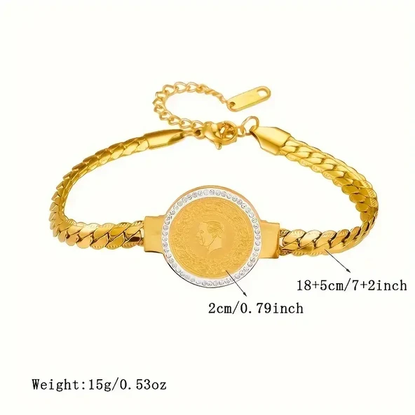 Gold Renk Çeyreklik Çelik Bileklik Zirkon Taşlı Ayarlanabilir Antialerjik Şık ve Zarif Tasarım - Resim 4