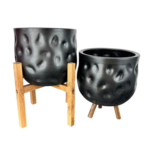 Bitki Tasarımı Ev Dekorasyon Aksesuar Siyah Desenli Toprak Saksı Saksılık Salon Çiçeklik İkili Set 4 Ayak -3 Ayaklı 19 CM - 3