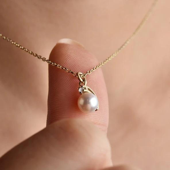 14 Ayar Altın Kaplama Yarım Küre Gizlenmiş Minimal Gerçek İnci Tasarım Kolye - CNS00607 ürün görseli 1