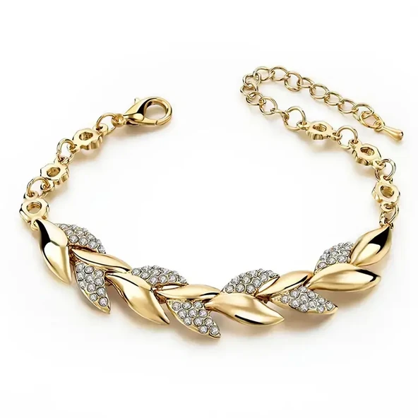 Gold Renk Yaprak Desenli Çelik Bileklik - Zirkon Taşlı, Ayarlanabilir Zincir, Şık ve Zarif Tasarım ürün görseli 1