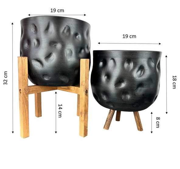 Bitki Tasarımı Ev Dekorasyon Aksesuar Siyah Desenli Toprak Saksı Saksılık Salon Çiçeklik İkili Set 4 Ayak -3 Ayaklı 19 CM - 2