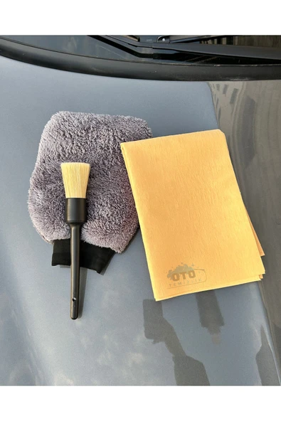 euroist 3'lü Oto Yıkama Seti - Oto Yıkama Eldiveni, Oto Detay Temizlik Fırçası, Güderi Bez 50X70cm - 3