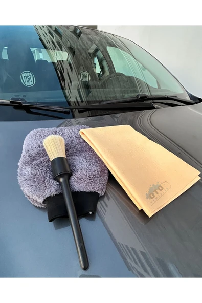 euroist 3'lü Oto Yıkama Seti - Oto Yıkama Eldiveni, Oto Detay Temizlik Fırçası, Güderi Bez 50X70cm - 2