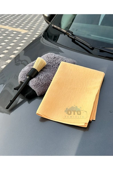 euroist 3'lü Oto Yıkama Seti - Oto Yıkama Eldiveni, Oto Detay Temizlik Fırçası, Güderi Bez 50X70cm