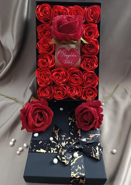 İnci Mode Hoşgeldin Bebek 18+1 Çiçekli Kutu Hediyelik Çiçek Kutusu Siyah Hastaneye Hediye Doğum Hediyesi Bebek Hediyesi Dekoratif - 2