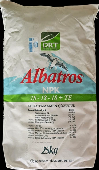 Damlama Gübresi Dengeli Albatros 18.18.18 + Te NPK Çim, Meyve, Sebze Gübresi Yavuzer Tarım Gübre 8 Kg