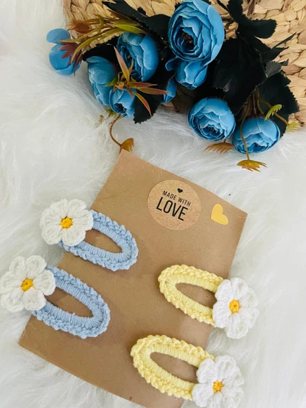 El Yapımı Kız Bebek Ve Çocuk Örgü Papatya 4 Lü Çıtçıt Toka Seti - 4