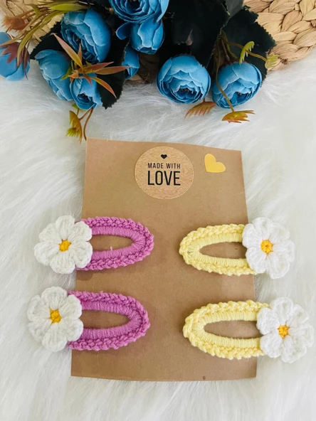 El Yapımı Kız Bebek Ve Çocuk Örgü Papatya 4 Lü Çıtçıt Toka Seti - 2