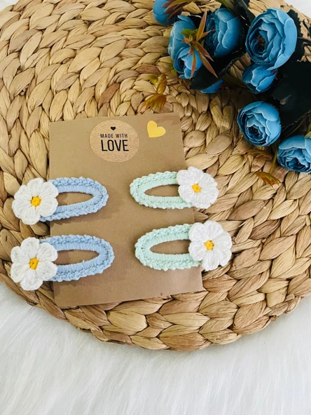 El Yapımı Kız Bebek Ve Çocuk Örgü Papatya 4 Lü Çıtçıt Toka Seti - 3