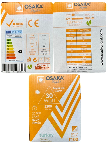 (4 Adet) Osaka 30W (200W) 6500K (Beyaz Işık) E27 Duylu (Kalın Duy) Torch Led Ampul (Yeni Model) - 4