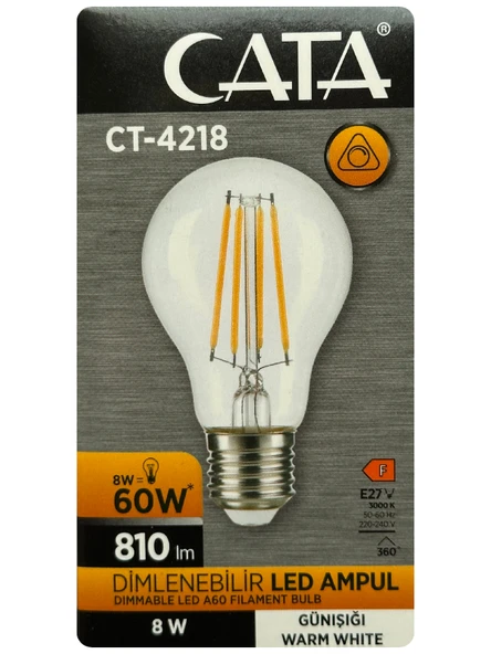 (4 Adet) Cata CT-4218 8W (60W) 3000K (Sarı Işık) Dim Edilebilir E27 Duylu (Kalın Duy) Led Filament Ampul - 2