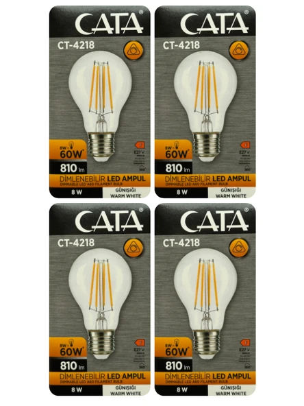 (4 Adet) Cata CT-4218 8W (60W) 3000K (Sarı Işık) Dim Edilebilir E27 Duylu (Kalın Duy) Led Filament Ampul
