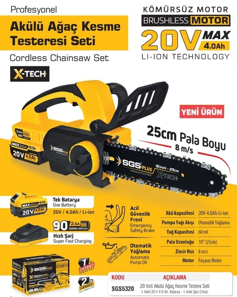 SGS5320 - 20 Volt Akülü Ağaç Kesme Budama Testere Makina Seti 25 cm Pala - 2