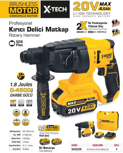 SGS5520 - 20 Volt 4 Amper SDS Plus Akülü Darbeli Kırıcı Delici Seti 1.8 Joules - 2