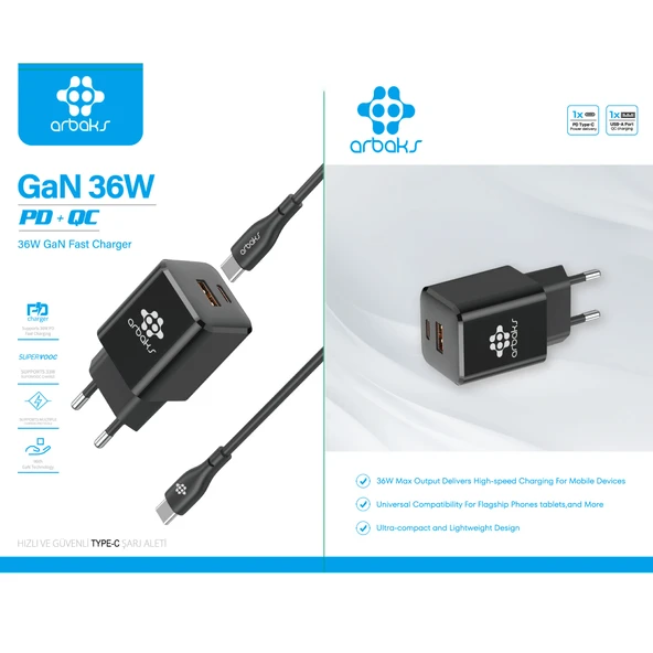 GaN Teknoloji 36W PD Type-C to Type-C Şarj Kablosu - ARB-016 Siyah ürün görseli