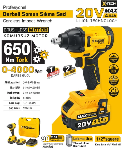 SGS5503 - 1/2 - 20 Volt 4 Amper 650 Nm Tork Akülü Darbeli Somun Sıkma Sökme Makina Seti Tek Akülü - 2