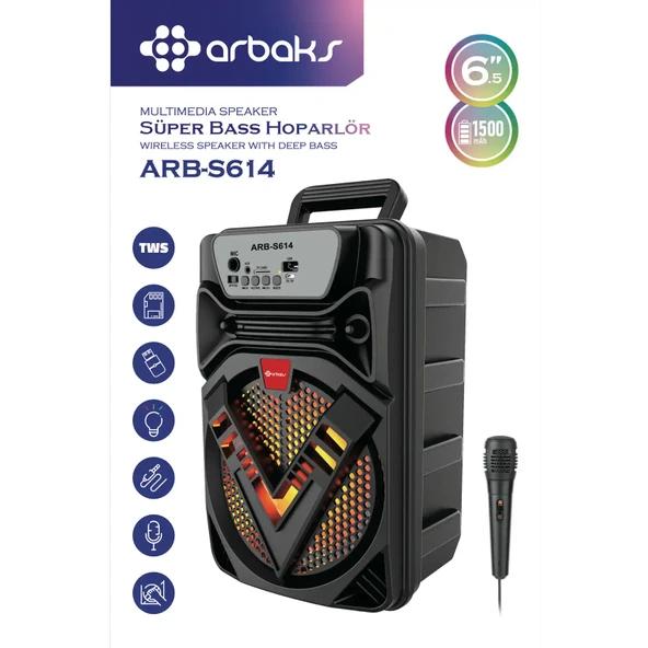 6.5" Inç Karaoke + Bluetooth Super Bass Höparlör Arbaks ARBS614
