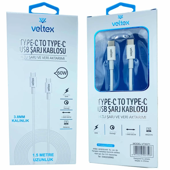 1.5 Metre PD 60W Type-C To Type-C Hızlı USB Kablo 3.8MM Kalınlık Veltex VTX-071