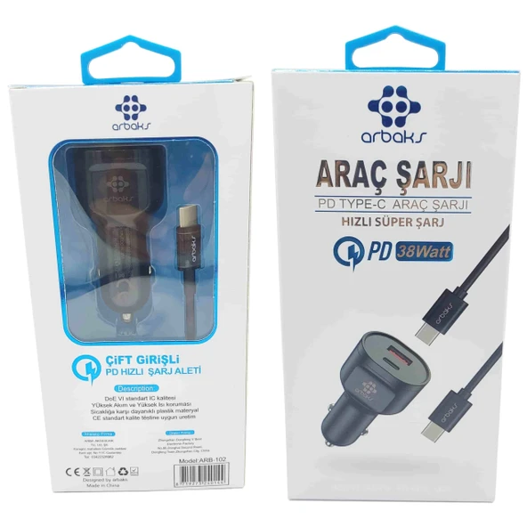 38W PD + Usb Çift Girişli Araç (TYPE-C) Şarj Aleti Arbaks ARB-102