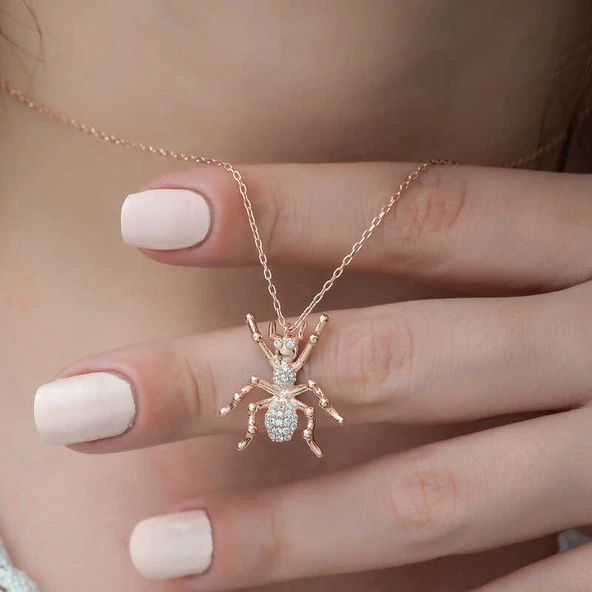 925 Ayar Gümüş Rose Örümcek Kadın Gümüş Kolye - 3