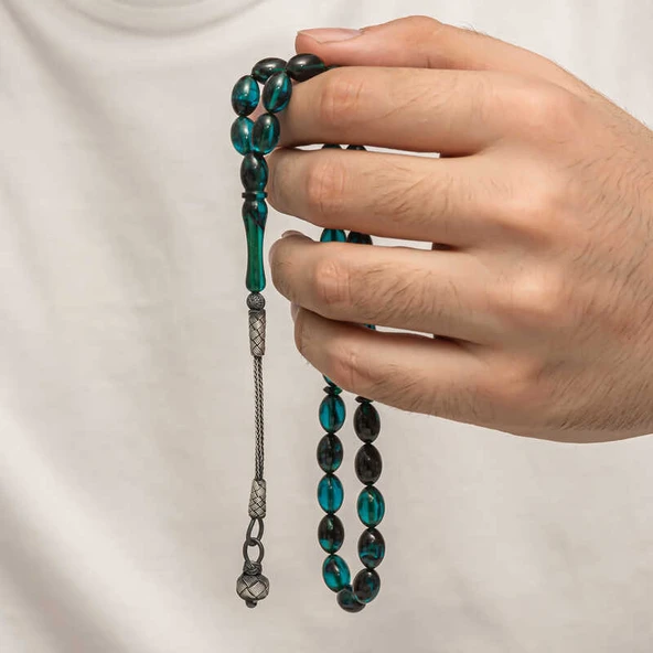 Gümüş Kazaz Püsküllü Sıkma Kehribar Tesbih - 4