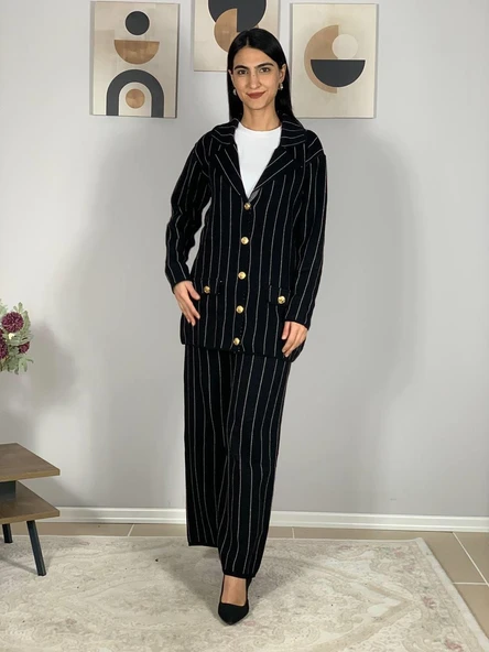 Kadın Ceket Yaka Gold Düğmeli Hırka ve Yüksek Bel Pantolon Alt Üst Triko Takım (Siyah) - 2
