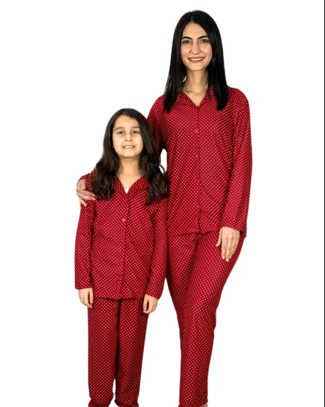 Anne Kız Kombin Önden Düğmeli Bebe Yaka %100 Pamuk Pijama Takımı (Kırmızı Noktalı)