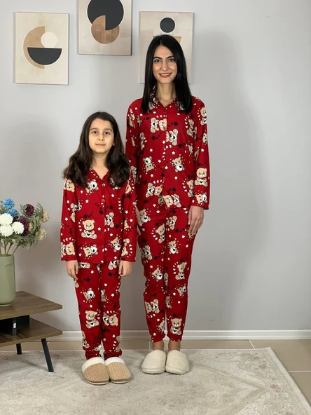 Anne Kız Kombin Önden Düğmeli Bebe Yaka %100 Pamuk Teddy Ayıcık Desenli Pijama Takımı (Kırmızı) - Resim 5