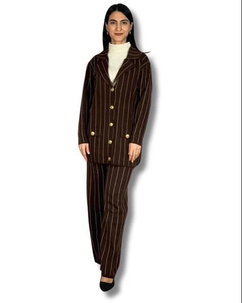 Kadın Ceket Yaka Gold Düğmeli Hırka ve Yüksek Bel Pantolon Alt Üst Triko Takım (Kahve)