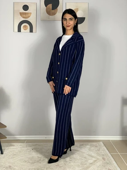 Kadın Ceket Yaka Gold Düğmeli Hırka ve Yüksek Bel Pantolon Alt Üst Triko Takım (Lacivert) - 3